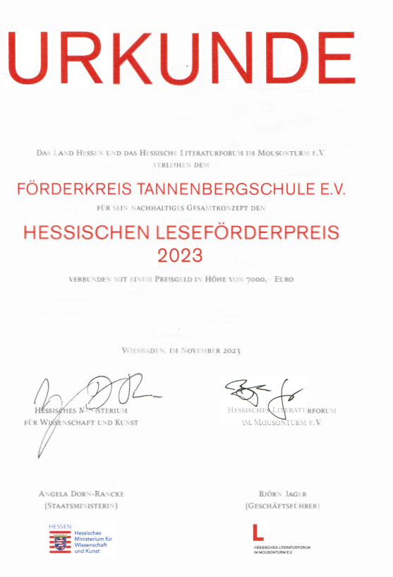 Urkunde Leseförderpreis 